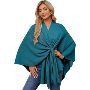 Women's Dark Cyan Elegant Poncho Sweater For Spring Fall Winter Shawl Wrap